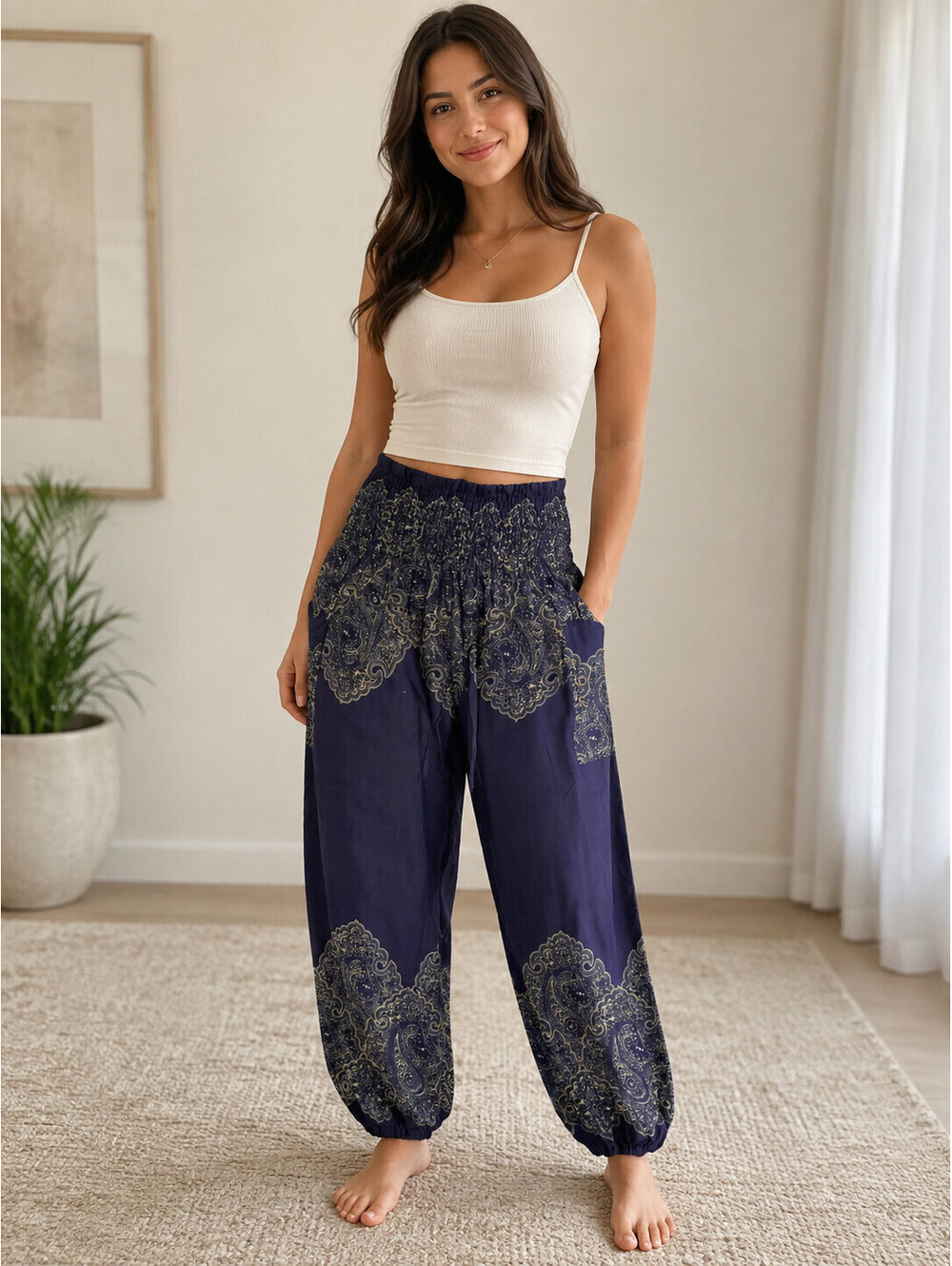 Harem Pants Womens OS Blue Paisley Smocked Waist Boho Hippie Festival Bohemian